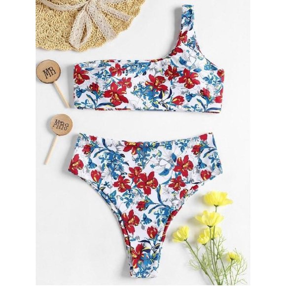 Zaful Other - ZAFUL One Shoulder Floral High Waisted Bikini